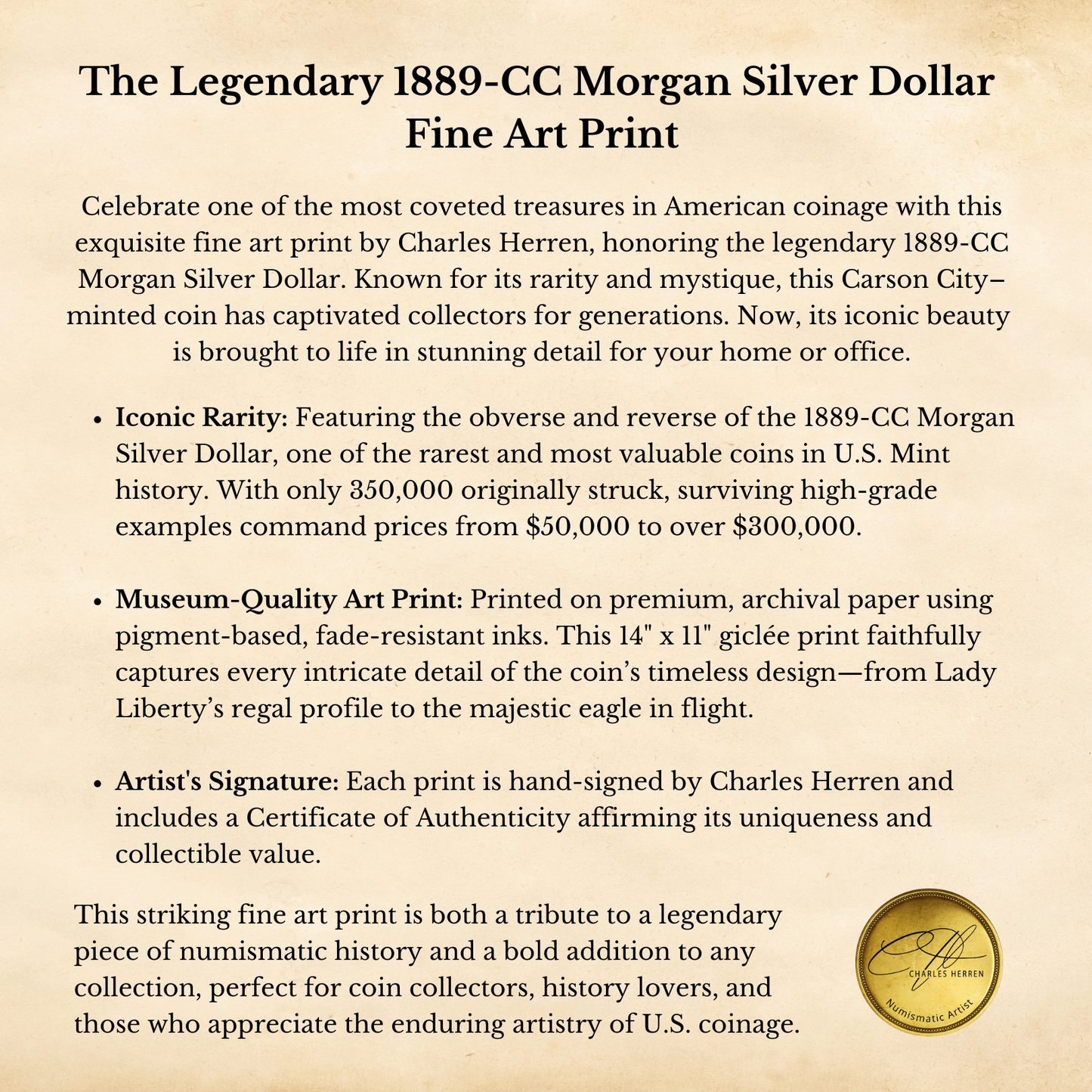 1889-CC Morgan Silver Dollar Fine Art Print (Hand-Signed by Artist)